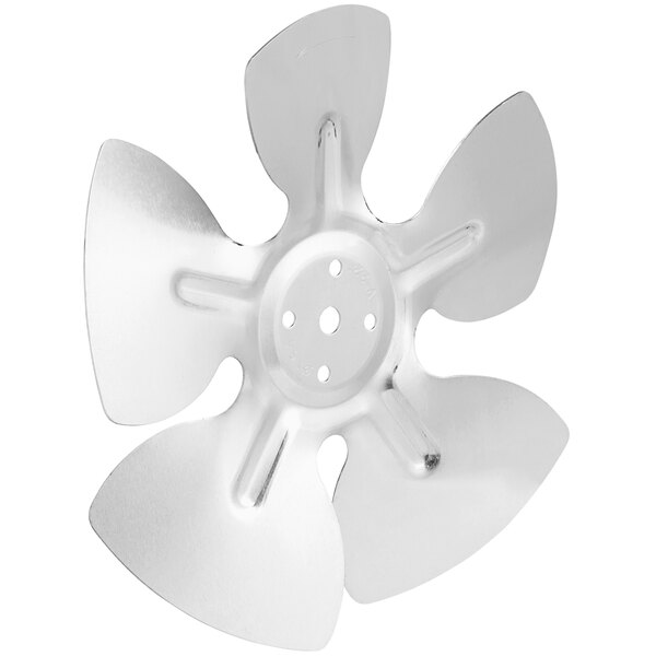 A silver circular fan blade with holes.