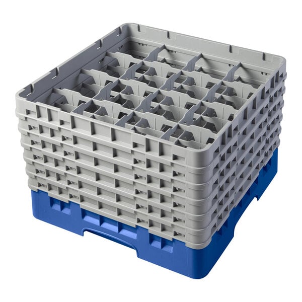 A blue plastic Cambro glass rack with 6 gray extenders.