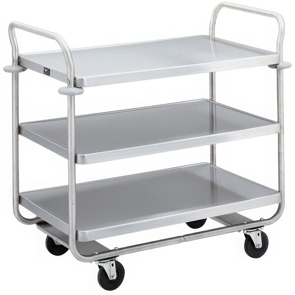 A silver metal Vollrath Caravelle cart with three shelves.