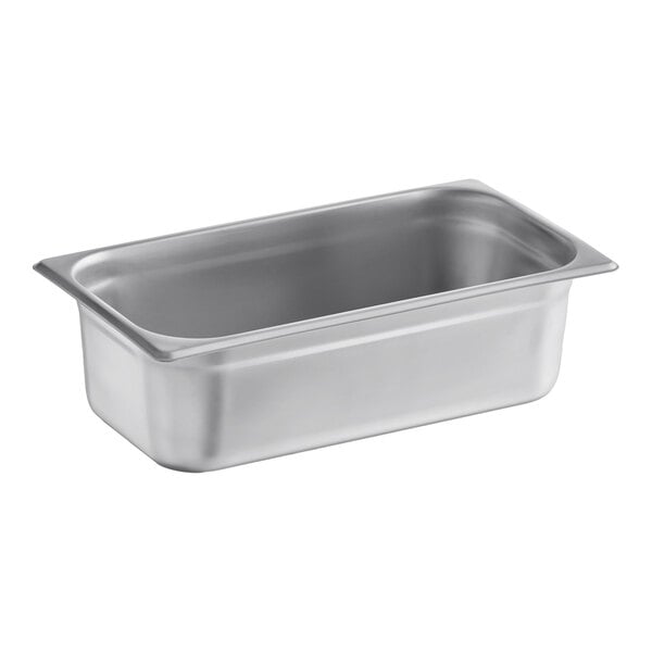 A stainless steel 1/3 size, 4-inch deep steam table or hotel pan.