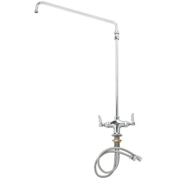 A silver T&S deck-mounted pantry faucet with flex inlets and a hose.