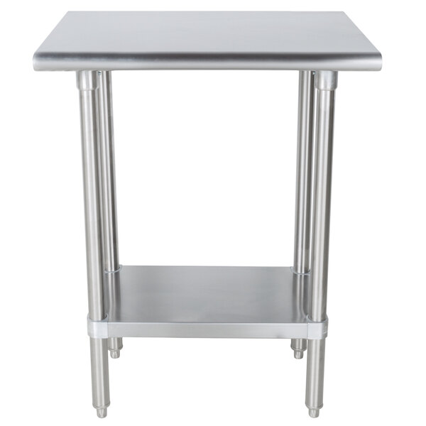 A stainless steel Advance Tabco work table with a stainless steel shelf.