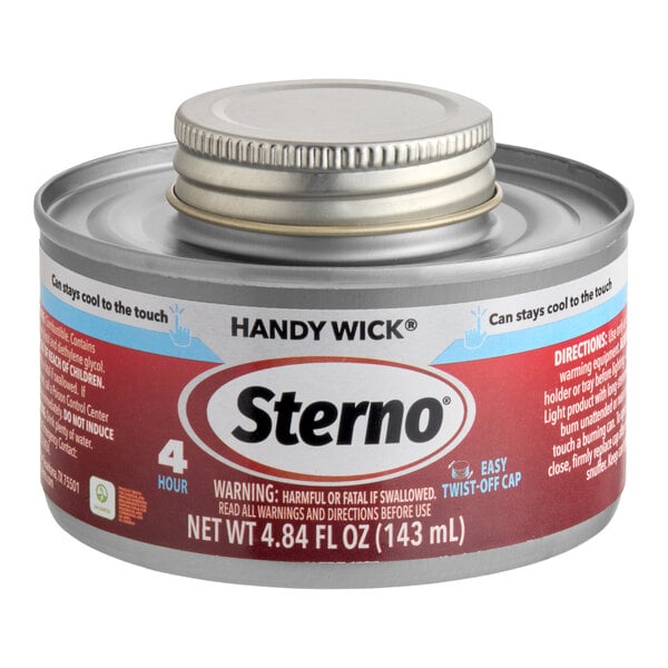 A can of Sterno Handy Wick chafing fuel with a safety twist cap.