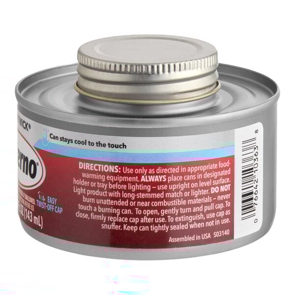 A can of Sterno 4 Hour Handy Wick chafing fuel with a safety twist cap.