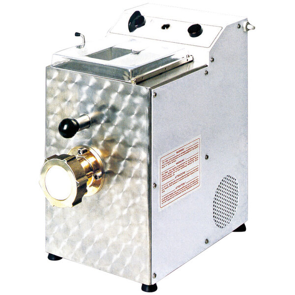 A silver and black Avancini countertop pasta extruder with a metal lid and a handle.