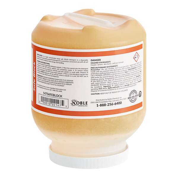 A close up of a white container of Noble Chemical Safe Block metal safe warewashing detergent.