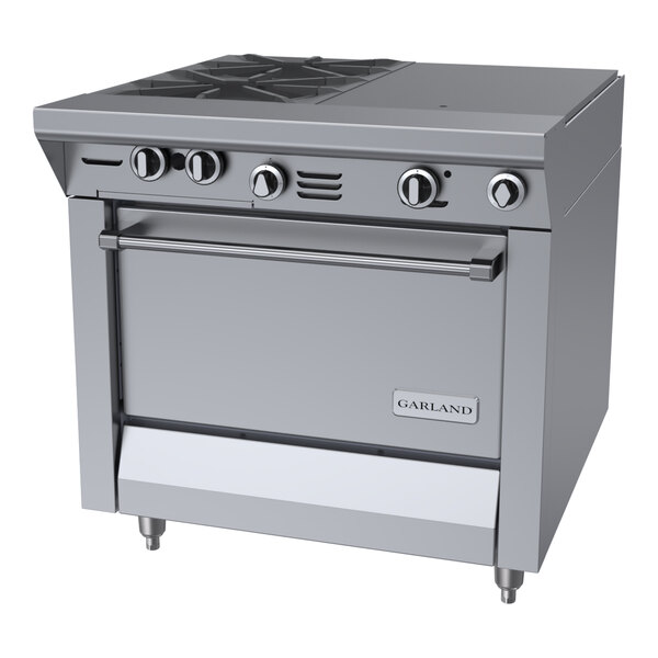 A commercial stainless steel range with two burners, an even heat hot top, and a standard oven.