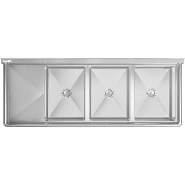 A stainless steel Regency 3 compartment sink with a left drainboard.
