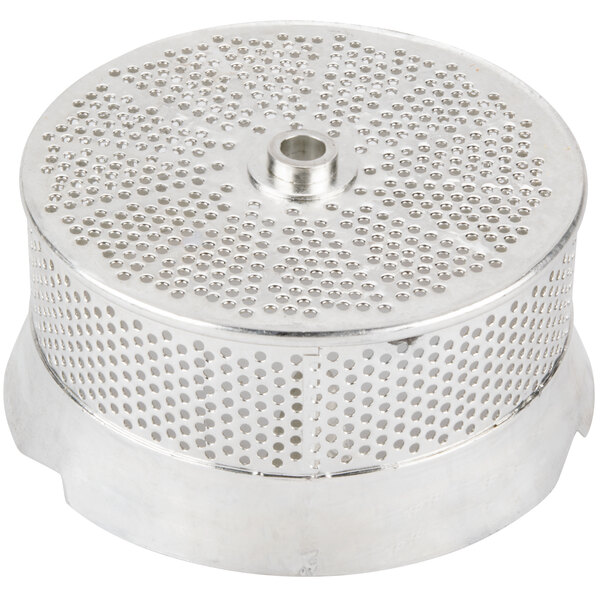 A silver tinned steel circular sieve with holes.