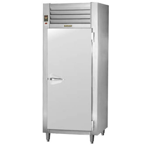 A large stainless steel Traulsen reach-in refrigerator with a solid door.