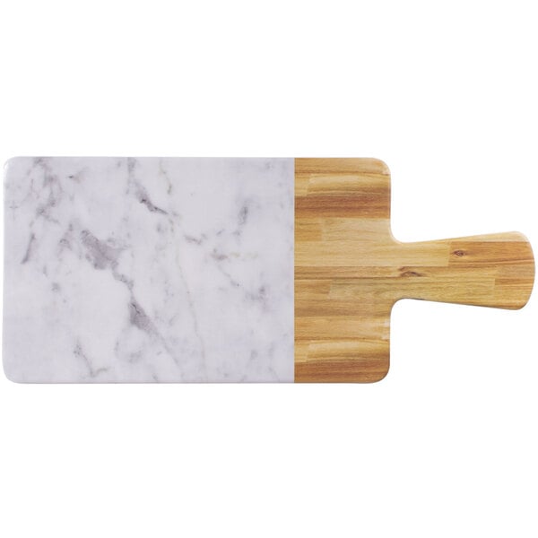 An Elite Global Solutions faux alder wood and Carrara marble rectangular serving board with a bamboo handle.