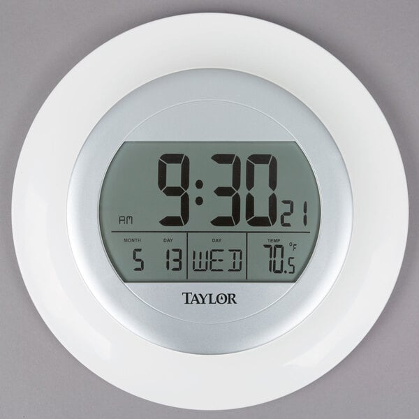 Taylor 1750 9 1/4" White Digital Atomic Wall Clock with Thermometer and