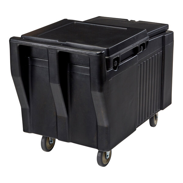 A large black plastic mobile bin with a sliding lid and four caster wheels.