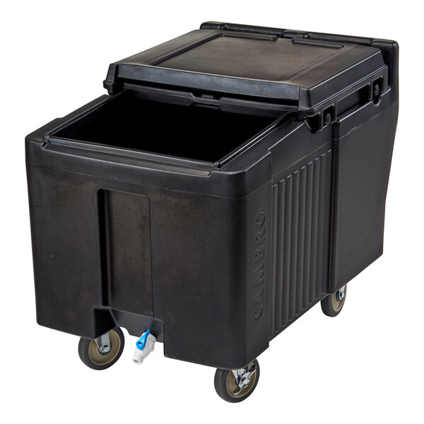 A large black mobile bin with a sliding lid, four wheels, and a spout at the bottom front.