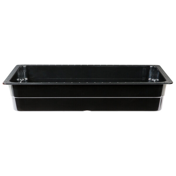 A black rectangular melamine food pan with two handles.