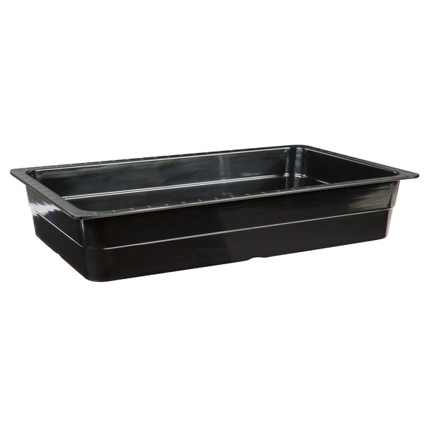 A black rectangular melamine food pan with a lid.