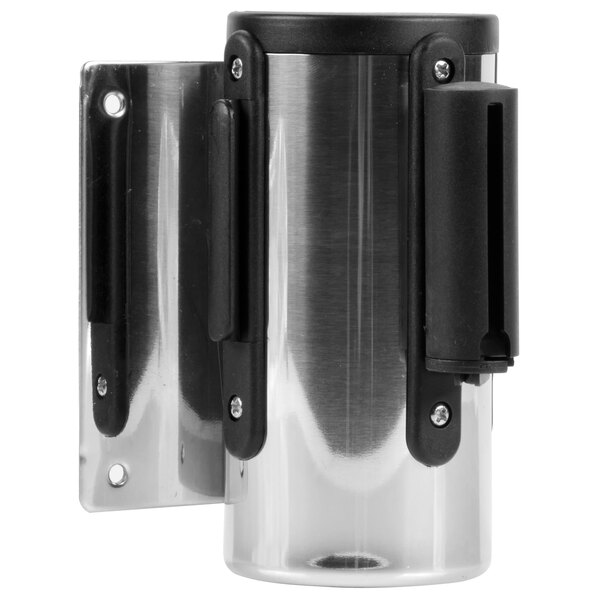 A silver cylinder with black wall-mount handles.