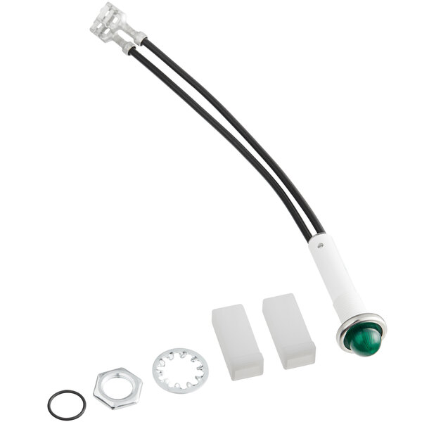 A circular green LED light with a white wire and a nut.
