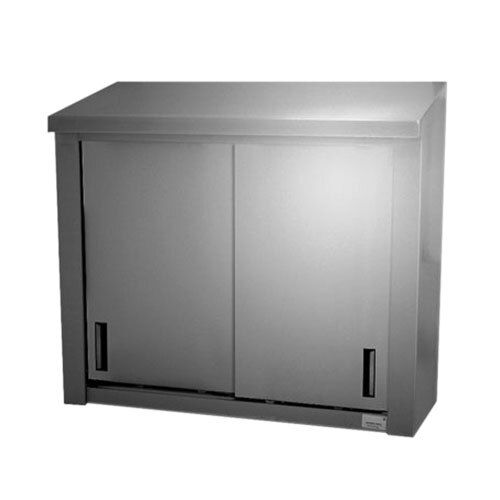 A stainless steel Advance Tabco wall cabinet with sliding doors.