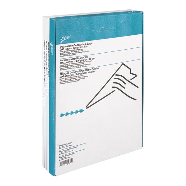 A rectangular box with blue and white packaging, featuring text and a simple illustration of a hand holding a piping bag.