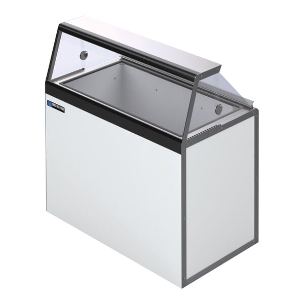 A white and black Master-Bilt ice cream dipping cabinet with a glass top.