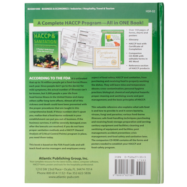 The back cover of a green and white book titled "HACCP & Sanitation in Restaurants and Food Service Operations" with text and images.
