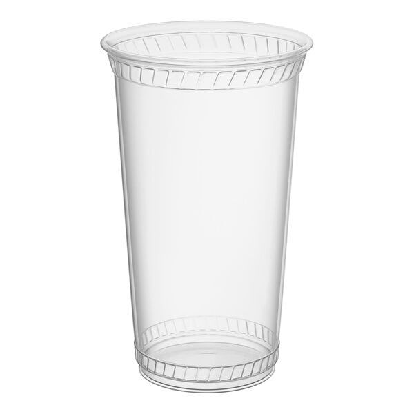 A clear, compostable 24 oz. plastic cold cup.
