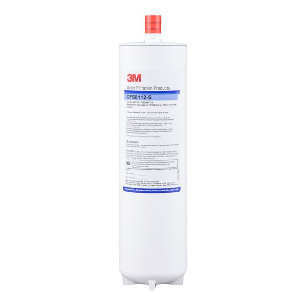 A 3M white replacement water filter cartridge with red and blue writing and a red cap.