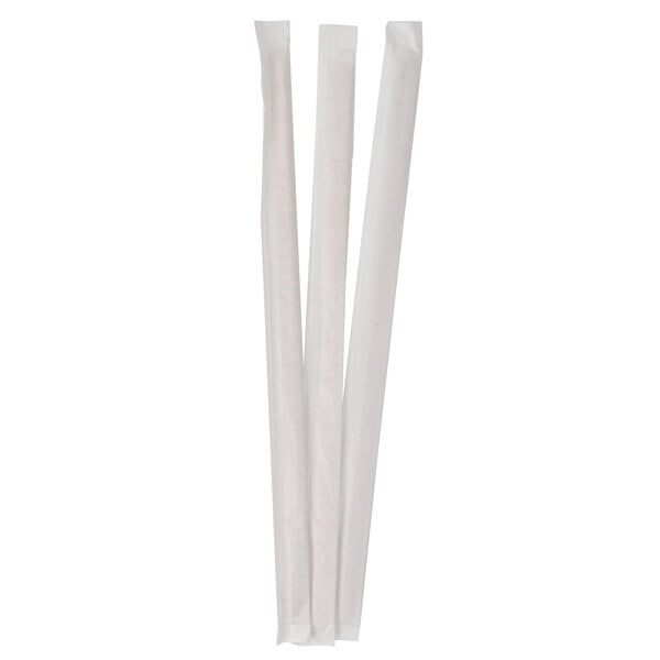 Three Royal Paper wood coffee stirrers individually wrapped in white paper.