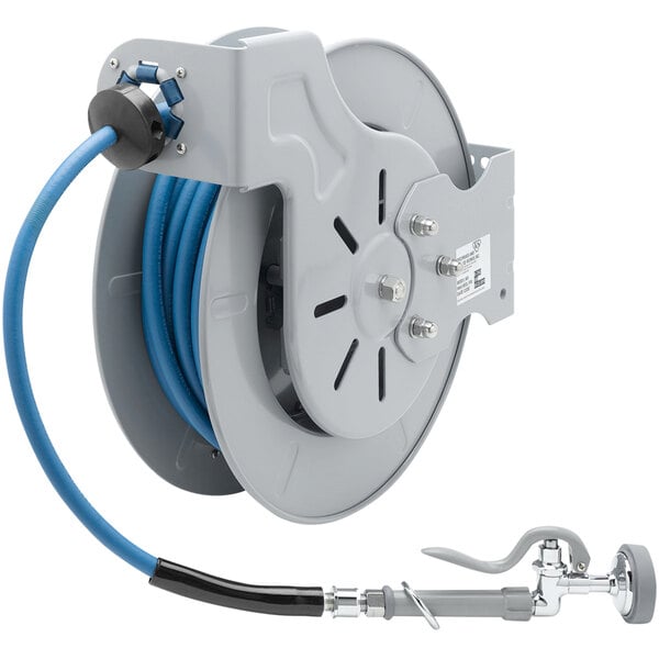 An open epoxy coated steel T&S hose reel with a hose attached to it.