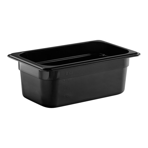 A black rectangular Cambro plastic food pan.