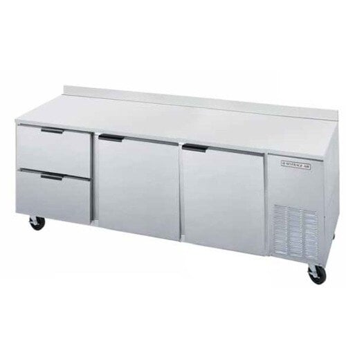 A Beverage-Air stainless steel worktop refrigerator with two doors and two drawers.