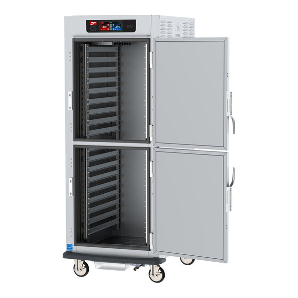 A grey Metro C5 holding cabinet with two open solid doors.