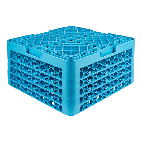 A blue plastic glass rack with 30 compartments and four extenders.