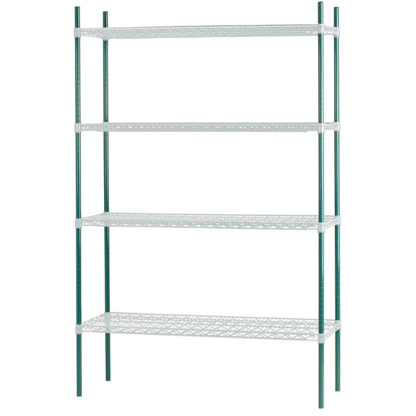 An Advance Tabco green and white shelving unit with four shelves and green posts.