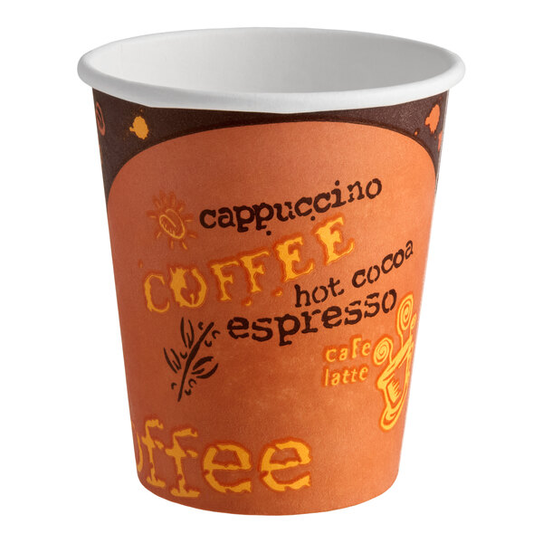 An 8 oz. tall paper hot cup with a coffee-themed print design.