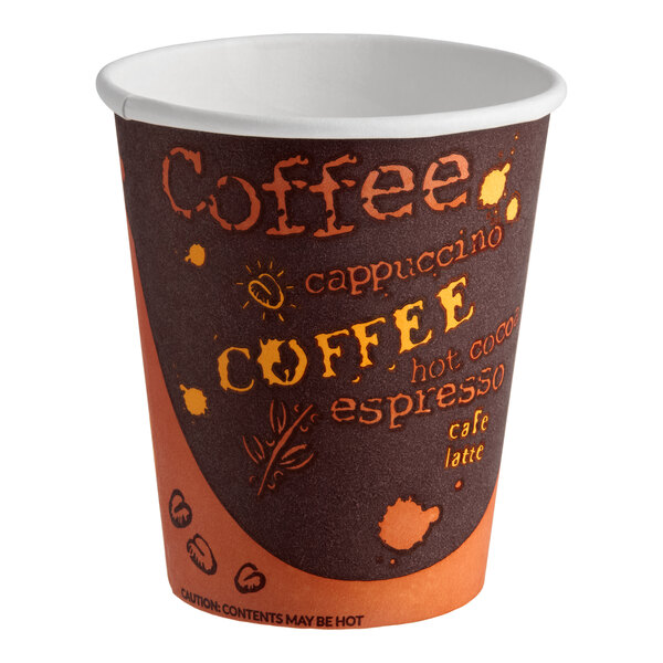 An 8 oz. tall paper hot cup with a coffee-themed print design.