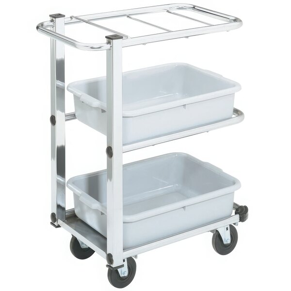 A white Vollrath cantilever bussing cart with two shelves holding white plastic containers.