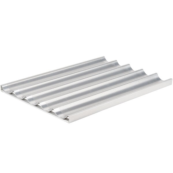 A silver Chicago Metallic baguette pan with 5 compartments.