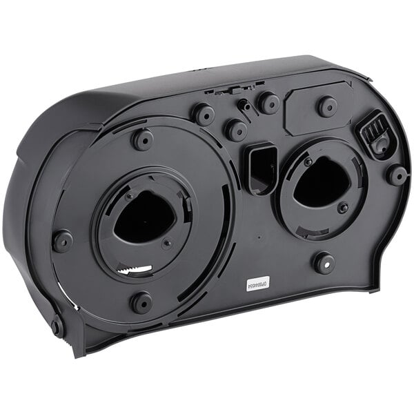 A black San Jamar Twin Oceans double roll toilet tissue dispenser with round holes for the rolls.