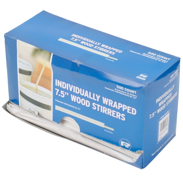 A blue box with white text for Royal Paper Eco-Friendly Wood Coffee Stirrers individually wrapped.