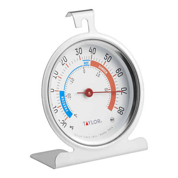 A white round thermometer with red and blue text.