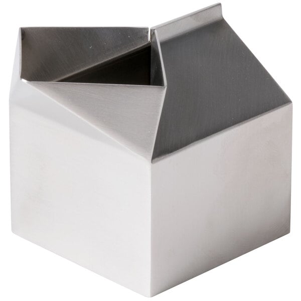 An American Metalcraft stainless steel milk carton creamer with a triangular top.