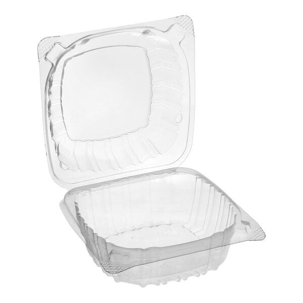 A clear plastic hinged lid container for food storage or takeout.