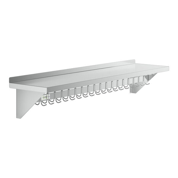 A stainless steel Regency wall mounted shelf with hooks.