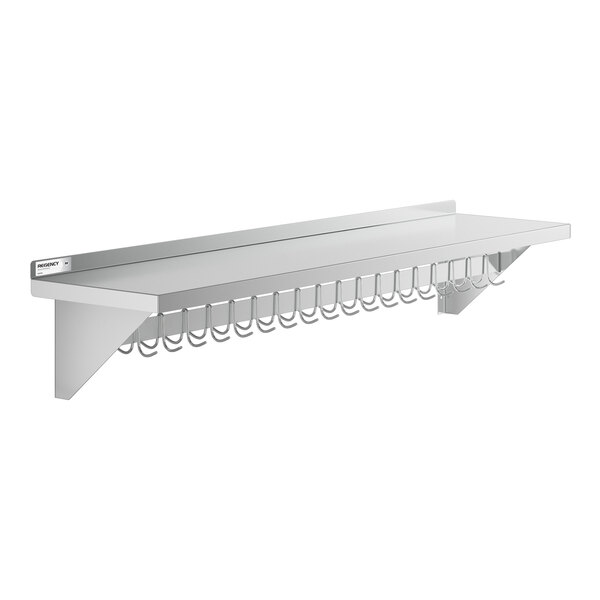 A wall-mounted stainless steel shelf with a row of 18 metal hooks hanging underneath.