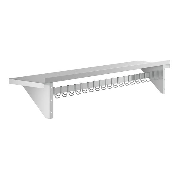 A wall-mounted stainless steel shelf with a row of 18 metal hooks hanging underneath.