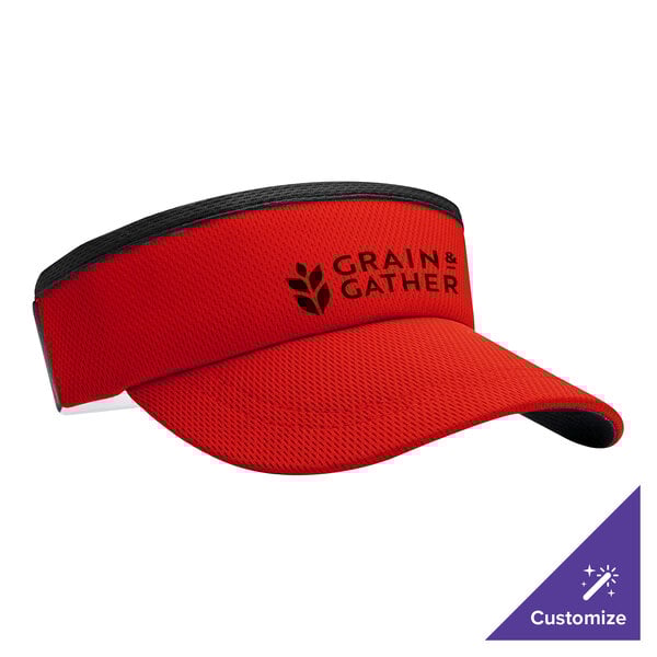 A red and black Headsweats visor with the words "graine gatherer" on it.