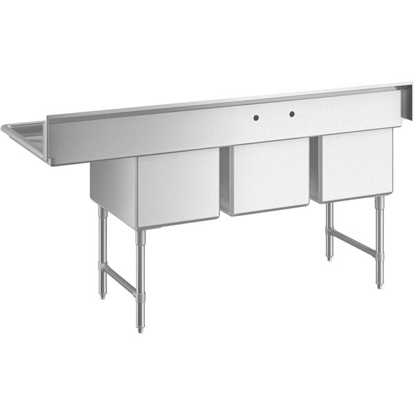 A Regency stainless steel commercial kitchen sink with cross bracing and a right drainboard.