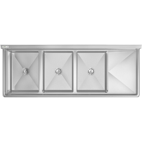 A close-up of a Regency stainless steel three compartment sink with a drainboard on the right.